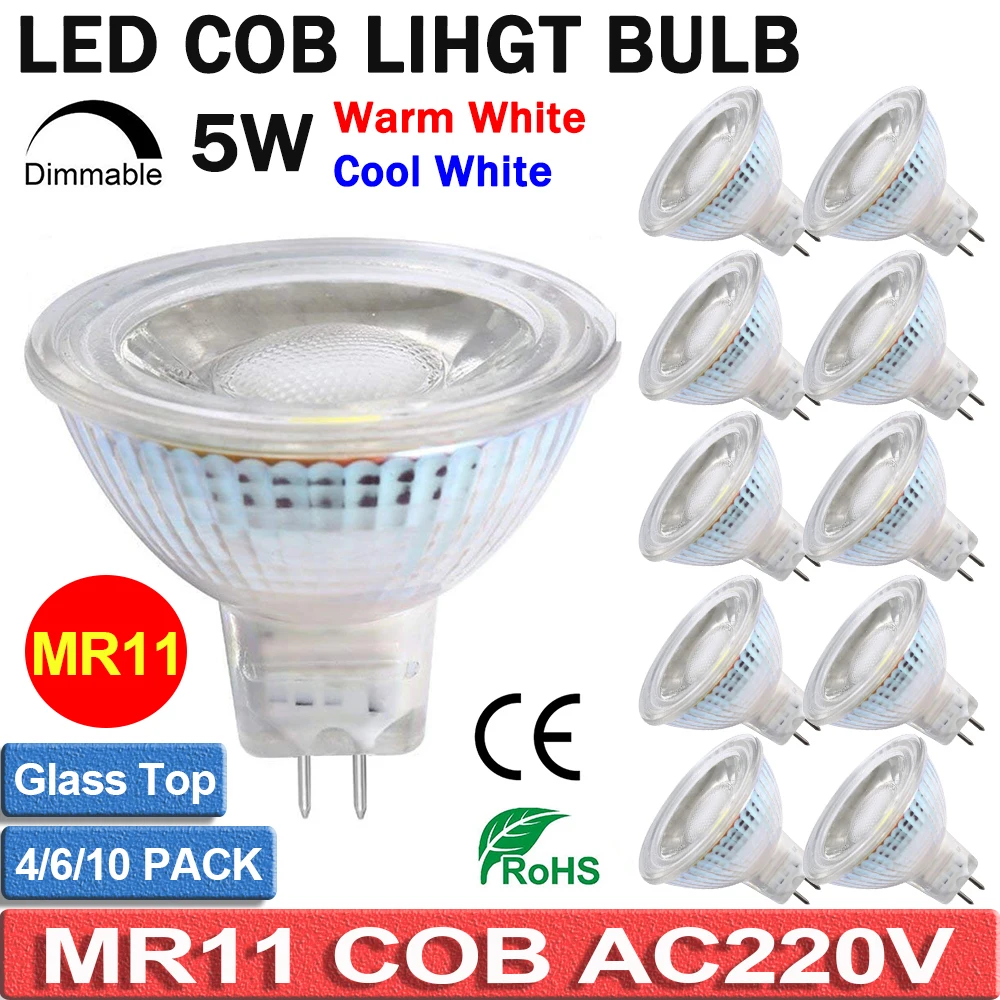 Dimmable AC220V светодиодный MR11 прожектор лампочки 5 Вт Полное стекло крышка отражатель Теплый Холодный белый лампочка лампада 12 В COB светодиодный светильник D40