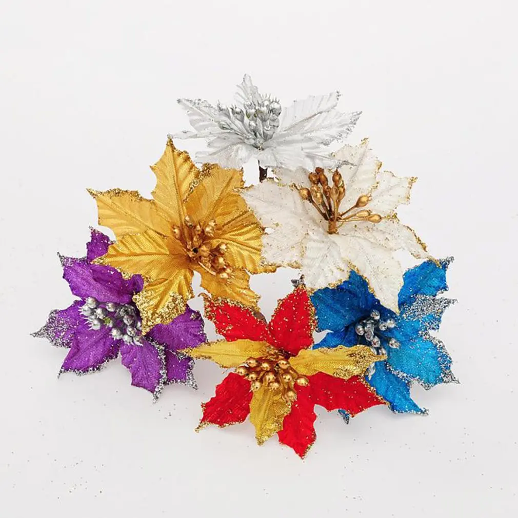 Unique Double Layer Christmas Tree Decorations Artificial Poinsettia Glitter Flower Wedding Ornament Decoration dropshipping