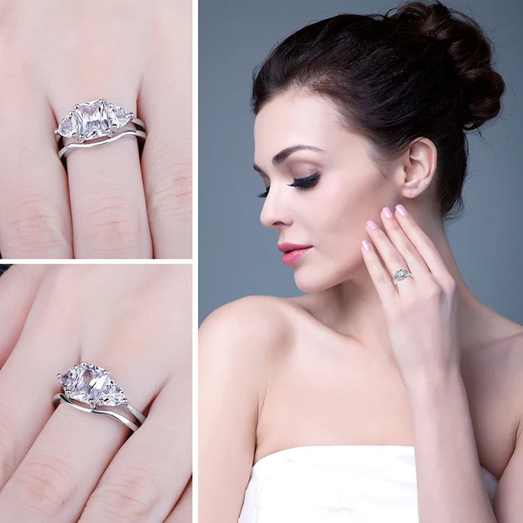 Jewelrypalace Изумрудный Cut 2.7ct фианит 3 Камень Свадебные кольца 925 серебро для модных женщин
