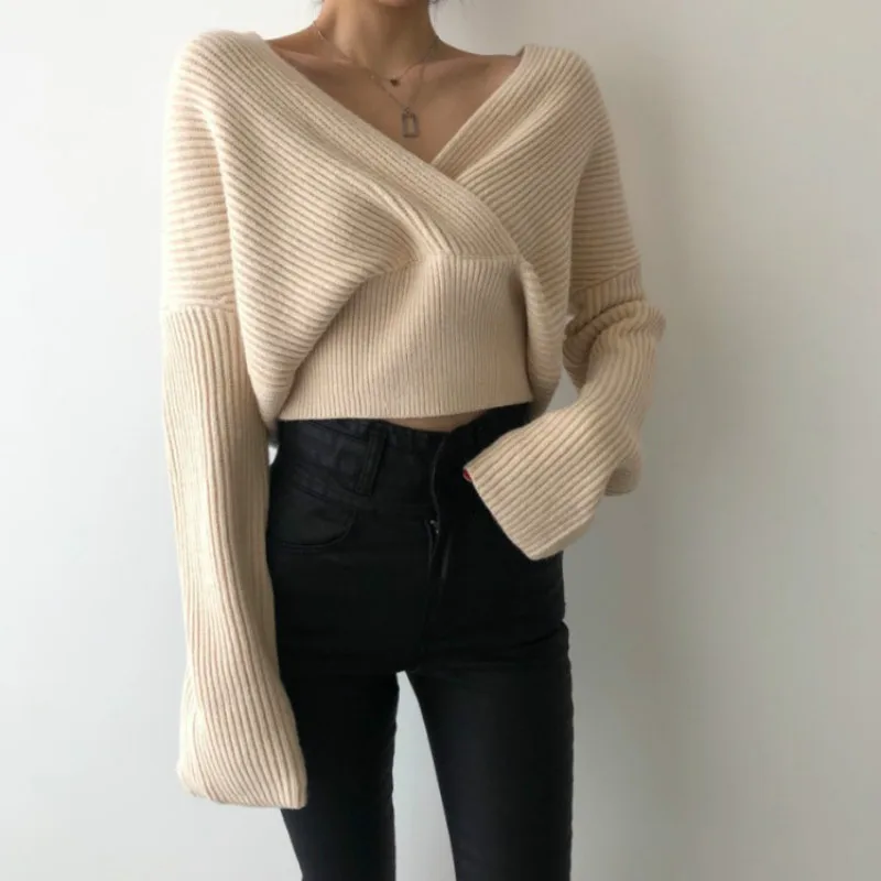 

Sexy cross V-neck versatile Pullover warm sweater