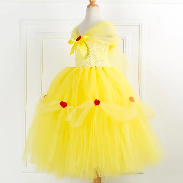 Beauty Belle Princess Costume for Girls Long Floor Fancy Dress Christmas Yellow Outfit