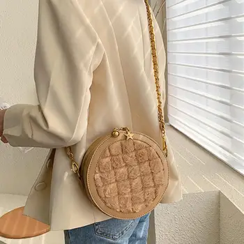 

Elegant Female Round Bag 2019 Winter Fashion New Quality Plush Women's Designer Handbag Lattice Chain Shoulder Bag сумка женска