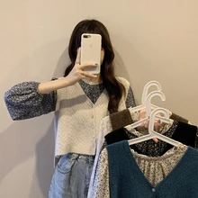 

Women's Knitted Vest Spring and Autumn Japanese Style Small Vest Short Sweater Vest Shirt Two-piece Set