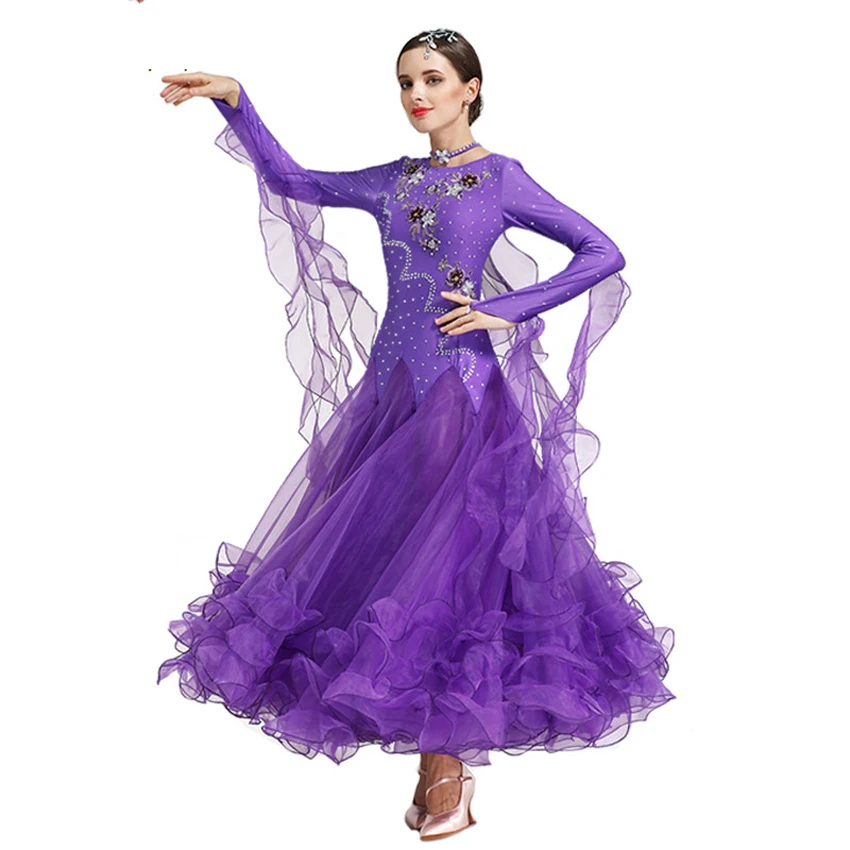 

Waltz Ballroom Competition Dress Foxtrot Costume Rhinestones Ribbon Long Sleeves Dance Wear Ball Gowns Performance Clothes