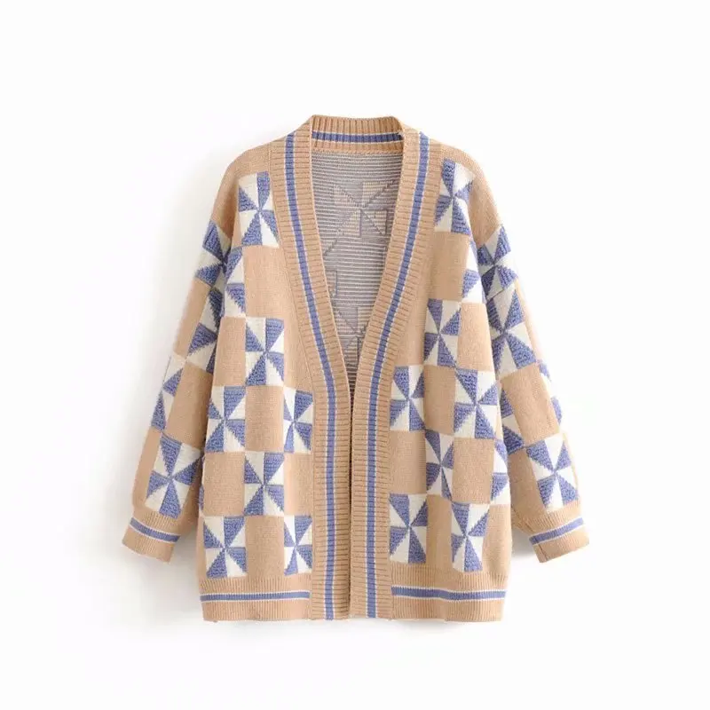 

AAZZ55-6116 European and American fashion diamond checked cardigan sweater