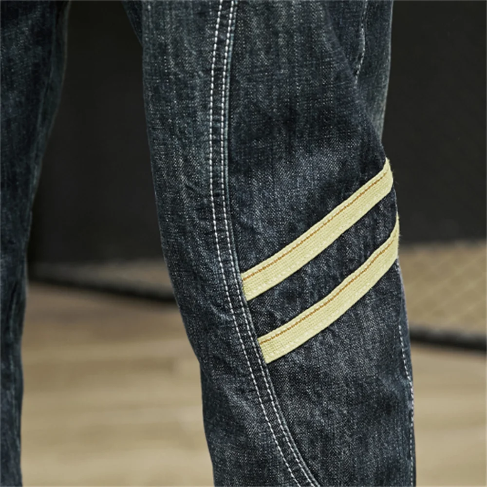 EH · MD® Stereo Double White Striped Loose Jeans Men's Fashion Slim Casual College Style Harem Trousers Feet Flanging Splicing