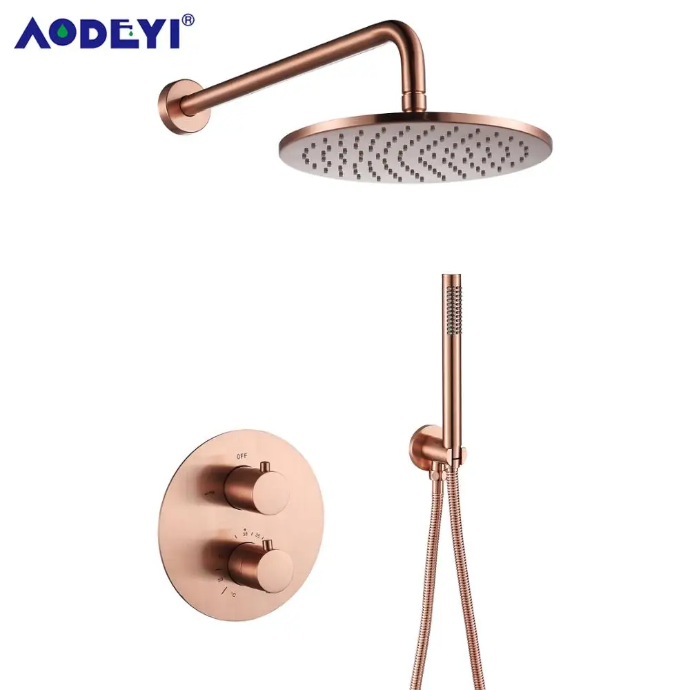 

Brass Rose Gold Shower Faucets 10" Rainfall Shower Head Bathroom Shower System Diverter 2 Ways Thermostatic Valve Shower Set