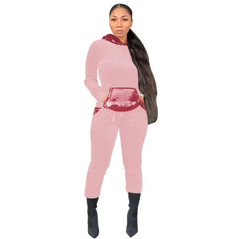 

Korean Velvet Fight Sequins Casual Jumpsuit Suit Autumn and Winter New Hooded Jumpsuit Two-piece Suit