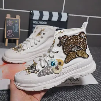 

Bling Rhinestone High Top Sneakers Women Platform Ankle Booties White Canvas Casual Shoes Woman Crystal Trainer Vulcanized Shoes