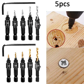 

5pcs Flute Countersink Drill Bits Woodworking Drill Bit Set Drilling Pilot Holes For Screw Size 5# 6# 8# 10# 12# With 1 Wrench