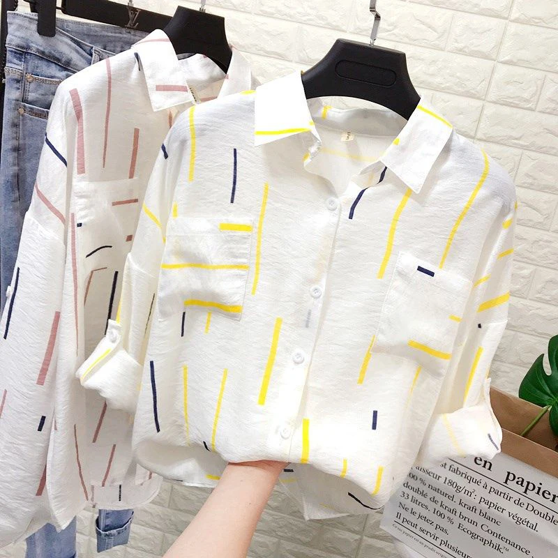 

Korea Fashion Spring Summer Women Long Sleeve Loose Shirts Double Pocket Striped Cotton Linen Blouse Female Casual Tops D497