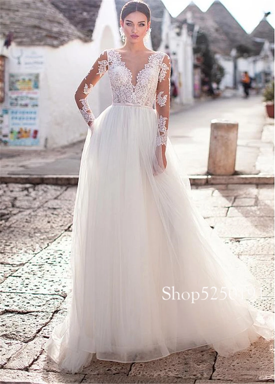 Winsome Tulle V-Neck A-Line Свадебные платья с длинными рукавами элегантное кружевное свадебное платье vestido noiva sereia - Цвет: Same as picture