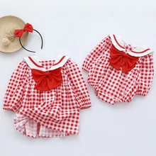 

Children's Sisters Outfit INS College Style Spring New Newborn Baby Dress Plaid Baby Girl Romper Send Hair Accessories 3-24Month