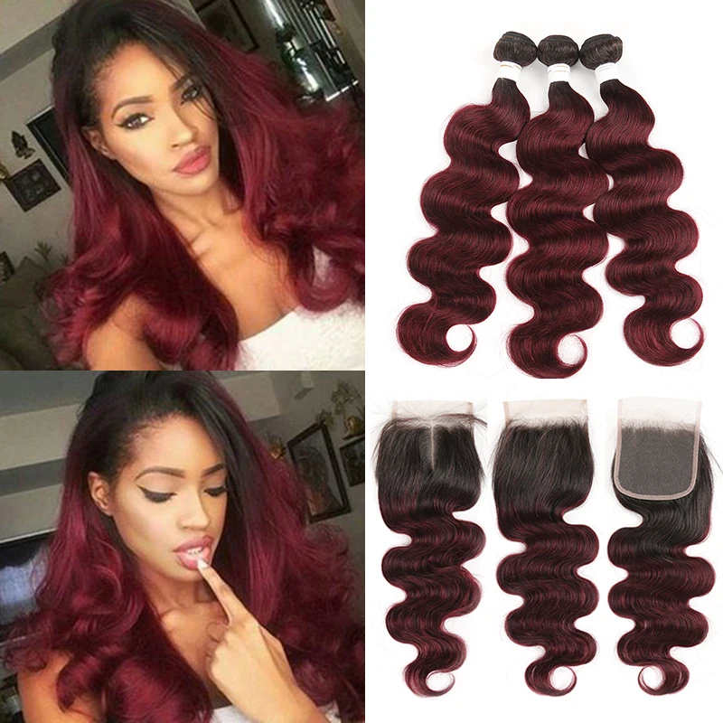 

SOKU T1B/99J Body Wave Bundles With Closure 4x4 Brazilian Ombre Redwine Human Hair Weave Bundles With Closure Non-Remy Hair Weft