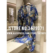 Сексуальное богемное платье с цветочным принтом весна лето пышные рукава плиссированная Талия качественное женское платье с v-образным вырезом из мешковины