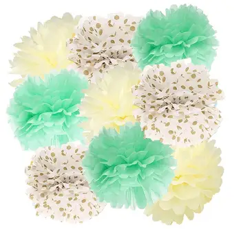 

Ideaco 9pcs 20/ 30/38 CM Mint Cream Gold Birthday Decoration Tissue Paper Pom Pom Gold Mint Paper Lantern Cream Honeycomb Balls