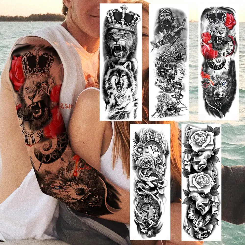 Лев Король волк Временные татуировки реалистичные поддельные полные руки череп
