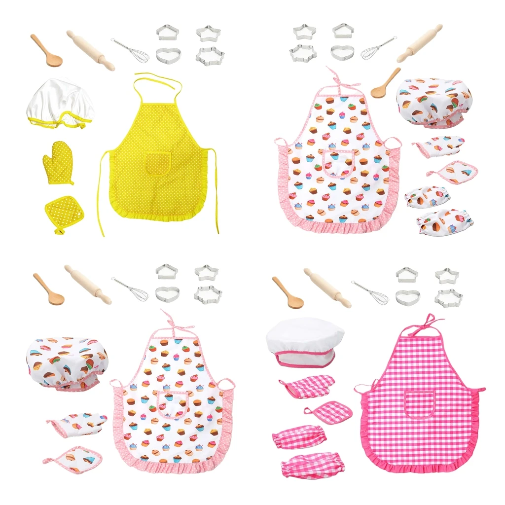 Kids Chef Set, Chef Set DIY Cooking Baking Suit Toys, Pretend Play Clothes Apron/ Gloves/ Hat /Cooker Gift for Kids Girl