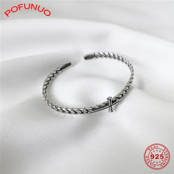 

POFUNUO European American Style Women Luxury 925 Sterling Silver Chic Bangles Vintage Distressed Cross Handmade Weaving Bracelet