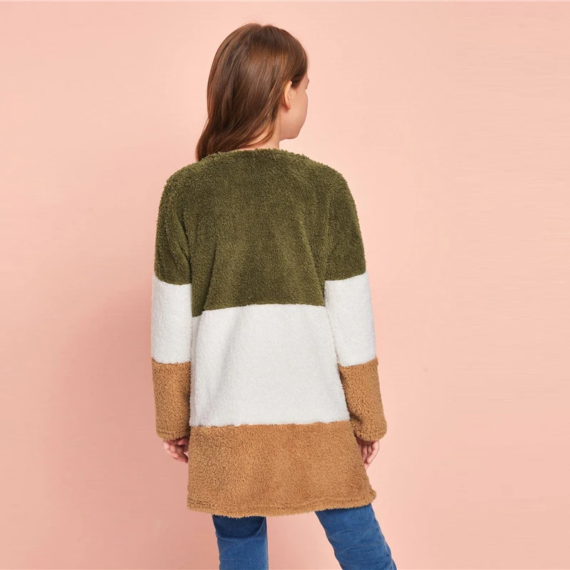 SHEIN/детское разноцветное повседневное плюшевое пальто с открытой передней частью для девочек; детская верхняя одежда; осеннее разноцветное детское базовое зимнее пальто с длинными рукавами