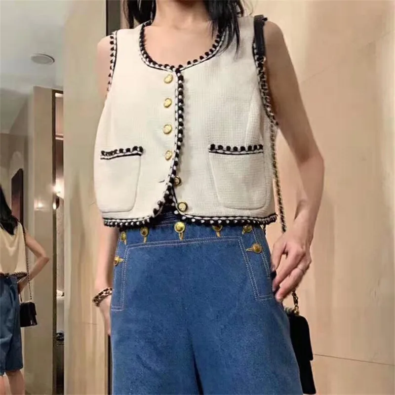 High Quality Winter Women White Tweed Vest Runway Single Breasted Pocket Lady Causal Vest Jacket Coat Fashion Clothes