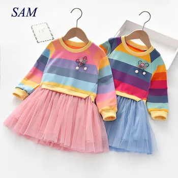 

2020 Girls Spring and Autumn Dresses Children's Long Sleeve Striped Colorful Rainbow Dresses Princess Cute Party Dress for Kids