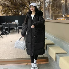 Down Jacket Women Horn Button Women Long Parkas Cotton Padded Korean Style Ladies Winter Jacket Solid Loose Quilted Overcoat