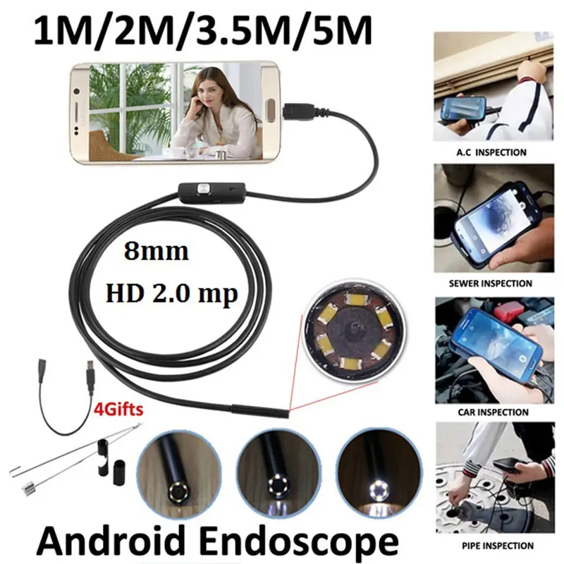 

HD720P 8mm Android USB Endoscope 2.0MP Camera 1M 2M 3.5M 5M IP67 Waterproof Snake Inspection Android OTG USB Borescope Camera