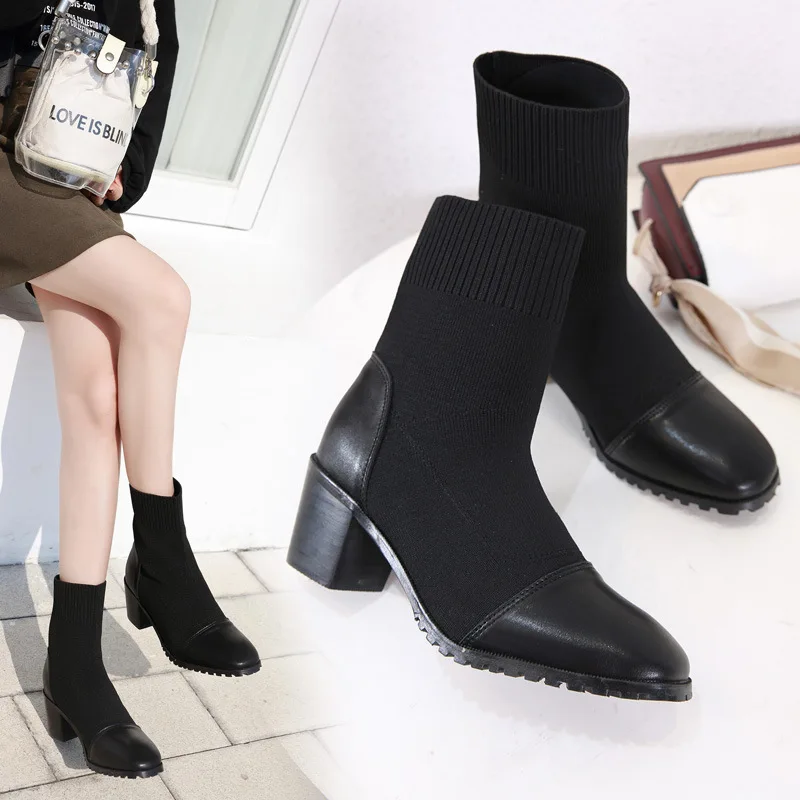 

Lace Up Boots Women's Rubber Shoes Rain Round Toe Chunky Heel Boots-women Booties Ladies Winter Footwear Luxury Designer Rock