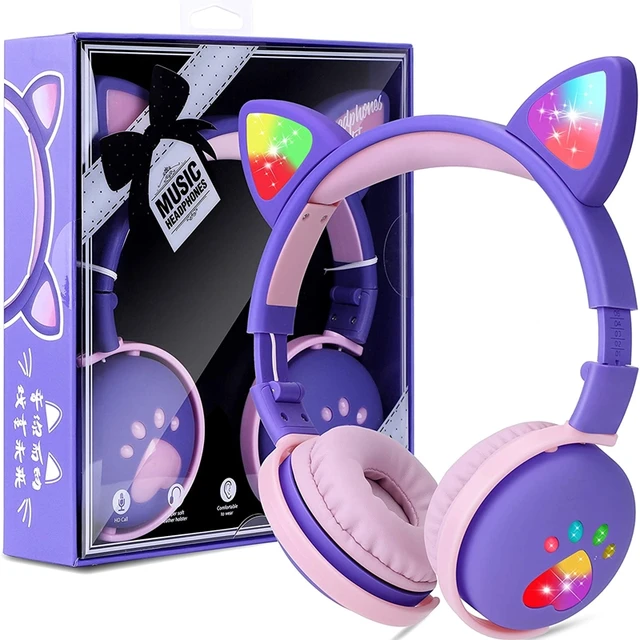 Cute Cat Headphones For Children Kids Wireless LED Light Cat Ear Blue-tooth Compatible Cat Paws Headset With Mic For Girl GIfts Purple With Package