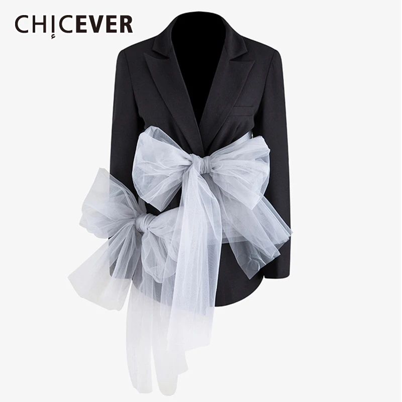 

CHICEVER Patchwork Mesh Bow Women Blazer Notched Long Sleeve Tunic Hit Color Suit Female Ruched Fashion Clothing 2020 Spring New