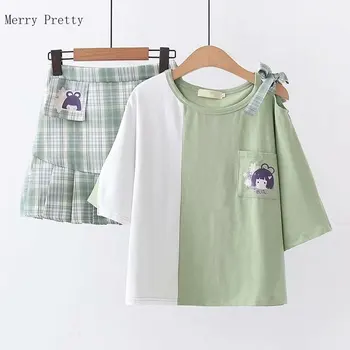 

Two Piece Pants Set Women Cartoon Print Patchwork T Shirt And Hight Waist Plaid Mini Skirts Plus Size S-xl 2020 Summer Sets