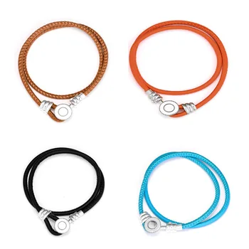 

4 Colors Moments Double Circles Leather Bracelets for Women & Men Signature Round Closure 925 Sterling Silver Jewelry Woven Rope