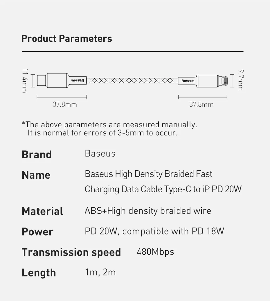 Cabo Baseus PD 20W Tipo-C para iPhone