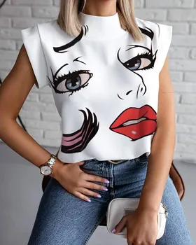 

Women Elegant Lips Print T shirts Summer Casual Stand Neck Pullovers tops Ladies Fashion cute Eye Short Sleeve-1