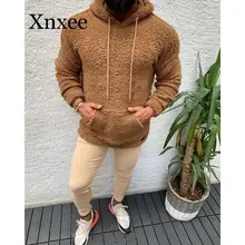 Beige Winter Hooded  Sweater Short Big Pocket Teddy Fleece Fluffy Pullovers Men's Plus Size Warm Fleece Tops Streetwear