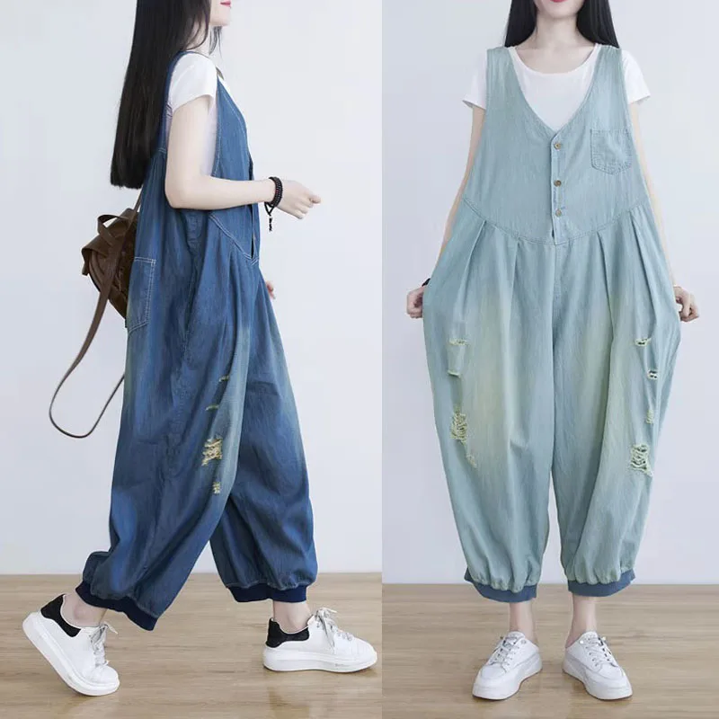 Free Shipping 2021 New Fashion Women Loose Jumpsuits And Rompers With Pockets Overalls Summer Denim Blue Ankle Length Holes