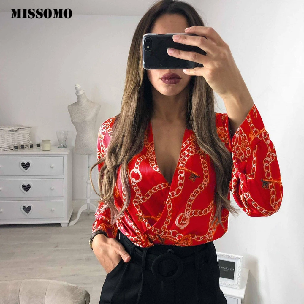 MISSOMO Rompers Womens Jumpsuit Long Sleeve High Waisted Wide Playsuits Chain Print Sexy Satin Beach jumpsuits for women