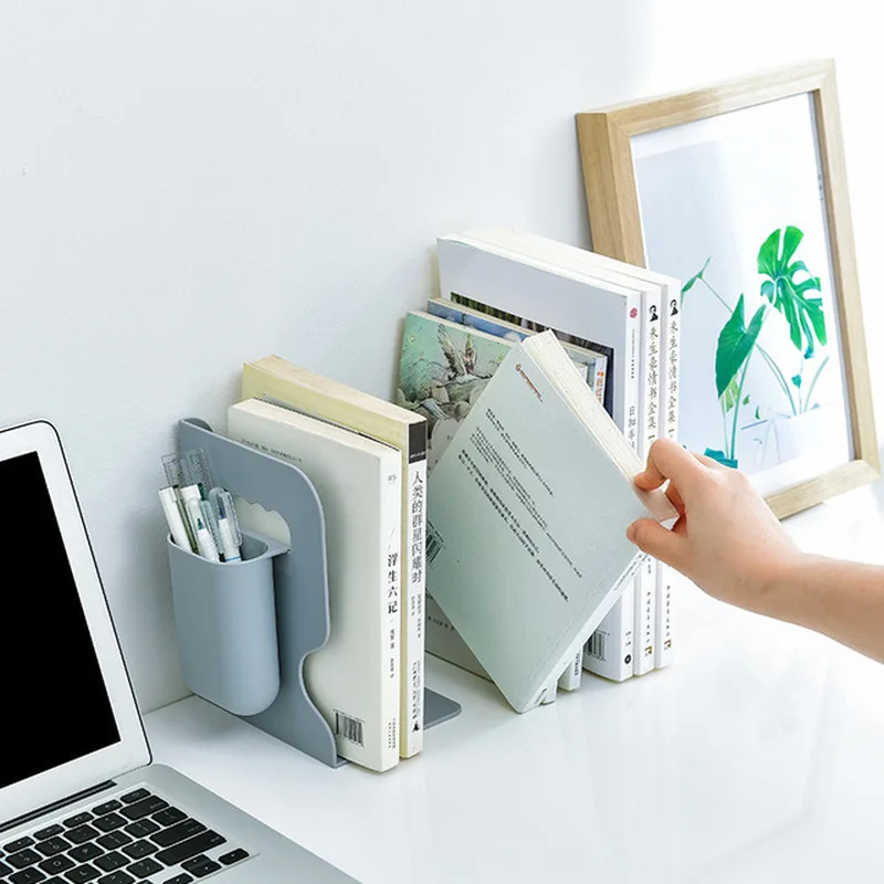 

Creative Plastic Adjustable Book Stand Holder with Pen Holder Bookend Organizer File Storage Rack Shelf Stationery Supplies