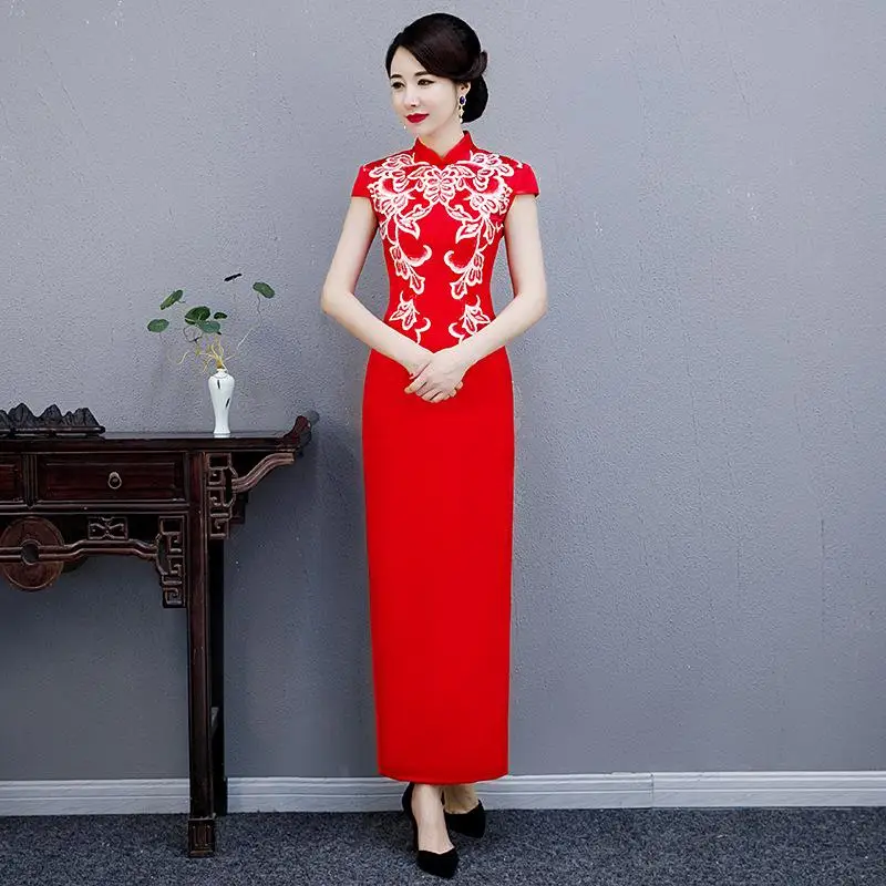 Желтые женские вечерние платья восточные женщины Cheongsam элегантный в китайском стиле длинные Qipao Сексуальное Тонкое свадебное платье для выпускного бала Vestidos XS-3XL - Цвет: Красный