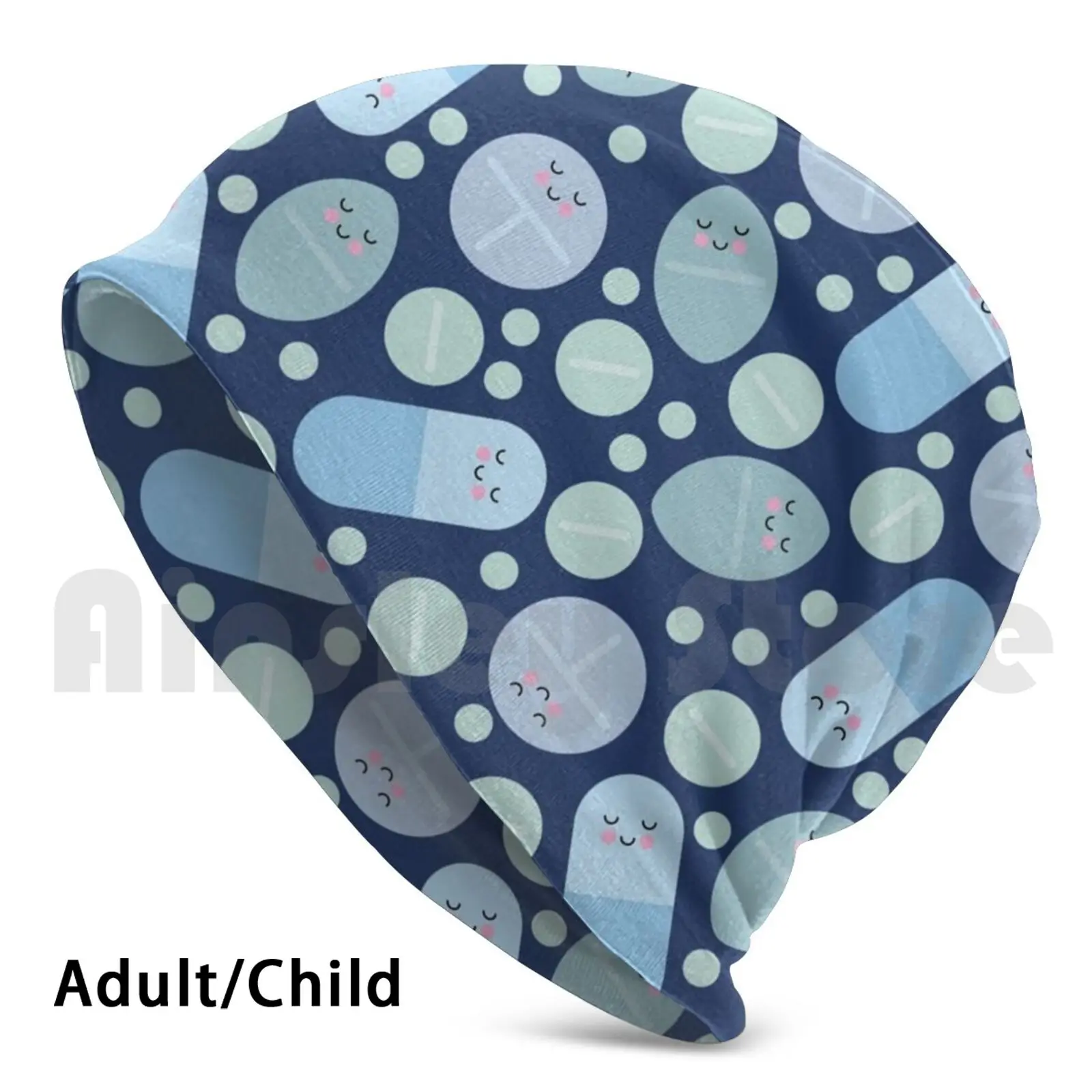 Blue Happy Pills Pattern Berretti Pullover Cap Comode Pillole Pillole Farmaco Farmacia Farmacia Farmacia Scuola