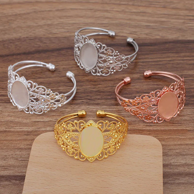 

10pcs cuff Open Bracelet Base Settings with 18x25mm Oval Bezel Cabochon Blanks Filigree Flower Bangle DIY Findings Multi-color