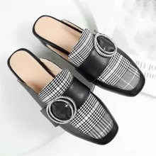 

Designer Plaid Mules Shoes Women Block Heel Outdoor Slippers Medium Heel Slingback Slip on Loafers Spring 2020 Ladies Shoes