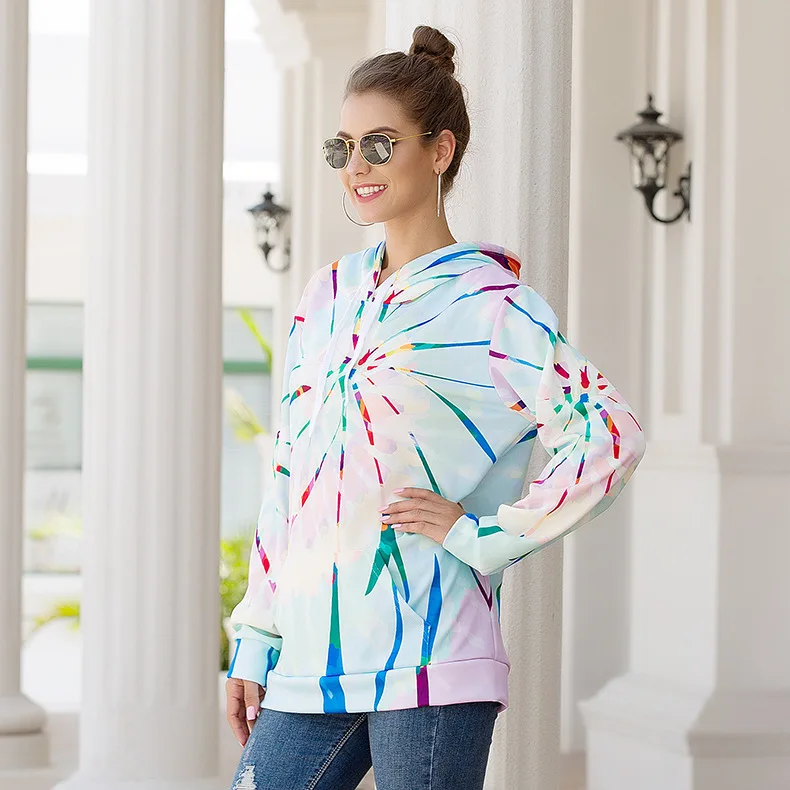 Sholina плюс размер печатные свободные с капюшоном Drawstring карманные теплые толстовки женские модные повседневные топы галстук краситель свитер Толстовка