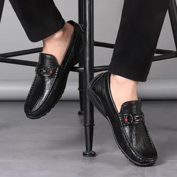 

Men Dress Shoes Genuine Leather Crocodile Pattern Fashion Casual Shoes Men Driving Shoes Soft Slip-On Round Toe Business ShoesТу