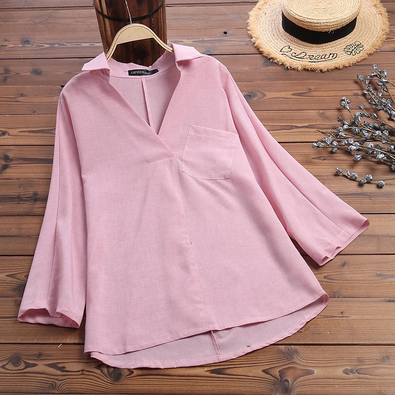 Розовый Blusas Top, ZANZEA, Летняя туника для вечеринки, топы, повседневная Однотонная футболка с v-образным вырезом, женская Свободная блузка с длинным рукавом, рубашка, Женская сорочка - Цвет: Розовый