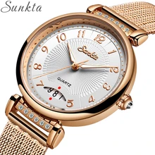 SUNKTA, модные роскошные женские часы с кристаллами, водонепроницаемые, розовое золото, сталь, сетка, кварцевые женские часы, Топ бренд, часы, Relogio Feminino