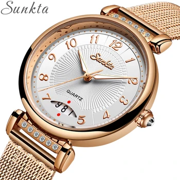 

SUNKTA Fashion Luxury Ladies Crystal Watch Waterproof Rose Gold Steel Mesh Quartz Women Watches Top Brand Clock Relogio Feminino