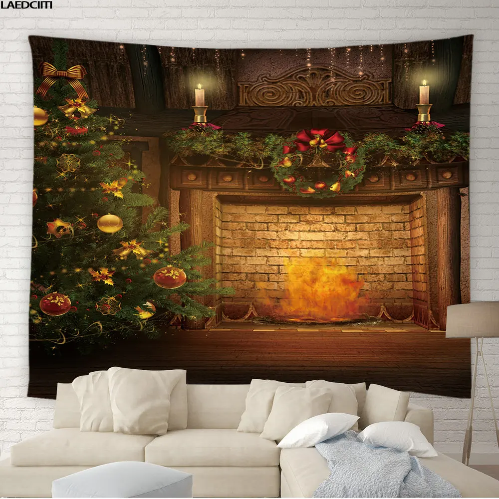 

Merry Christmas Tapestry Background Wall Hanging Art Xmas Tree Wooden Window Brick Stove Living Room Bedroom Holiday Home Decor