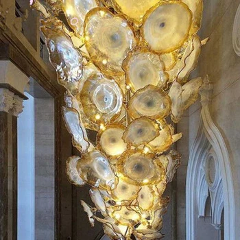 

Golden Luxury Expensive Hand Blown Glass Art Lighting Fixture Flower Murano Hanging Plates Chandelier